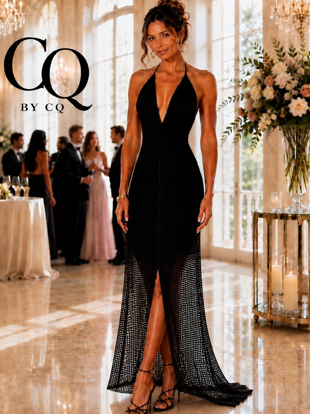 CQ by CQ Black Open Mesh Halter Mermaid Maxi Dress Backless Avant Garde Size M